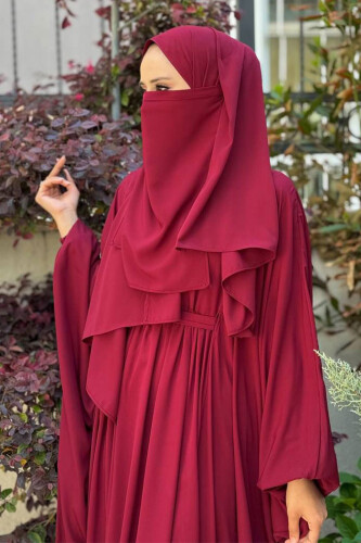 Umre Yarasakol Belden Kuşaklı Peçeli, Şallı Elbise 6038 Bordo - 4