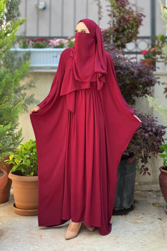 Yarasakol Belden Kuşaklı Peçeli, Şallı Elbise 6038 Bordo - Bym Fashion