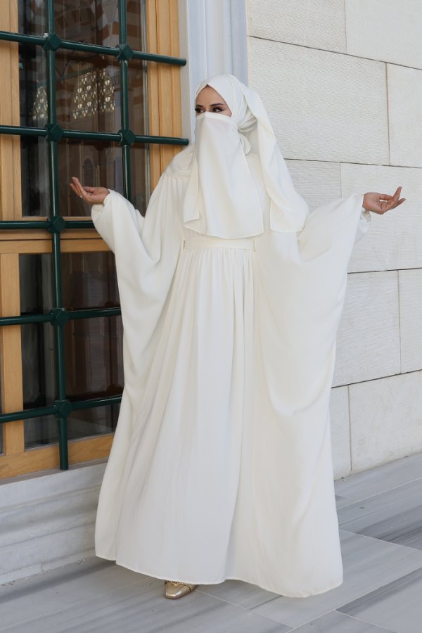 Yarasakol Belden Kuşaklı Peçeli, Şallı Elbise 6038 Ekru - 1