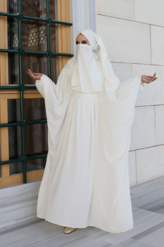 Yarasakol Belden Kuşaklı Peçeli, Şallı Elbise 6038 Ekru 