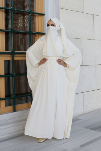 Yarasakol Belden Kuşaklı Peçeli, Şallı Elbise 6038 Ekru - 2