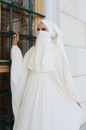 Yarasakol Belden Kuşaklı Peçeli, Şallı Elbise 6038 Ekru - 3