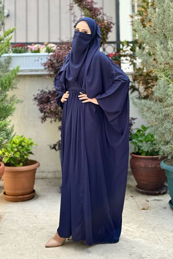 Umre Yarasakol Belden Kuşaklı Peçeli, Şallı Elbise 6038 Lacivert - 2
