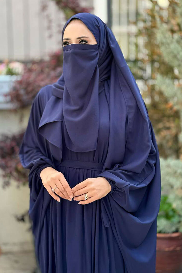 Umre Yarasakol Belden Kuşaklı Peçeli, Şallı Elbise 6038 Lacivert - 4