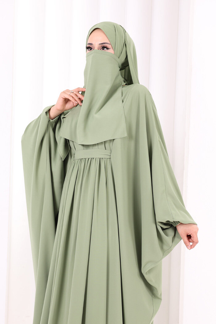Umre Yarasakol Belden Kuşaklı Peçeli, Şallı Elbise 6038 Mint - 5