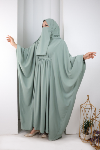 Umre Yarasakol Belden Kuşaklı Peçeli, Şallı Elbise 6038 Mint