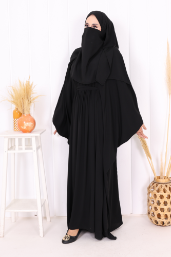 Yarasakol Belden Kuşaklı Peçeli, Şallı Elbise 6038 Siyah - Bym Fashion