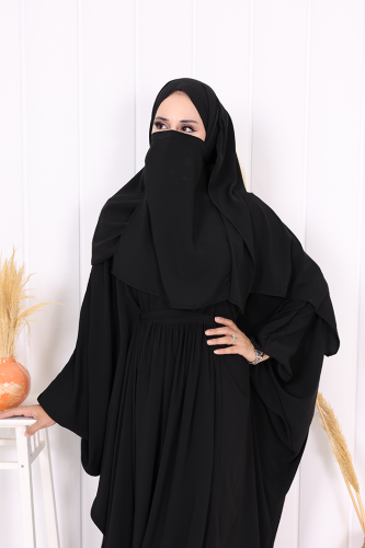 Yarasakol Belden Kuşaklı Peçeli, Şallı Elbise 6038 Siyah - 5