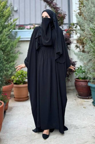 Yarasakol Belden Kuşaklı Peçeli, Şallı Elbise 6038 Siyah - Bym Fashion