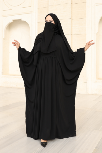 Umre Yarasakol Belden Kuşaklı Peçeli, Şallı Elbise 6038 Siyah - 2