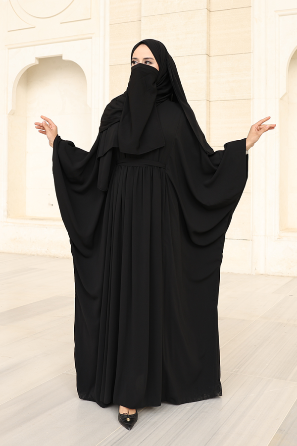 Umre Yarasakol Belden Kuşaklı Peçeli, Şallı Elbise 6038 Siyah - 2