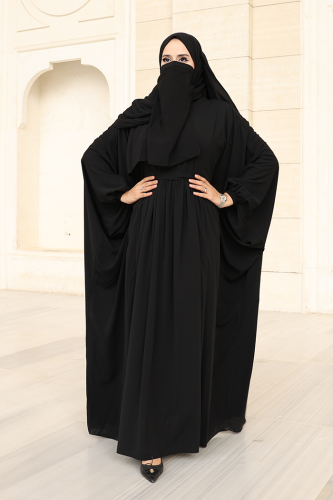 Umre Yarasakol Belden Kuşaklı Peçeli, Şallı Elbise 6038 Siyah - 3