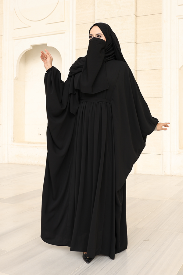 Umre Yarasakol Belden Kuşaklı Peçeli, Şallı Elbise 6038 Siyah - 4