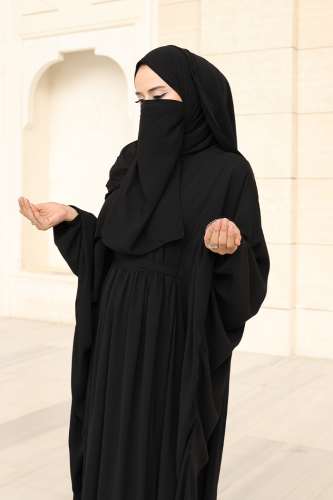 Umre Yarasakol Belden Kuşaklı Peçeli, Şallı Elbise 6038 Siyah - 5