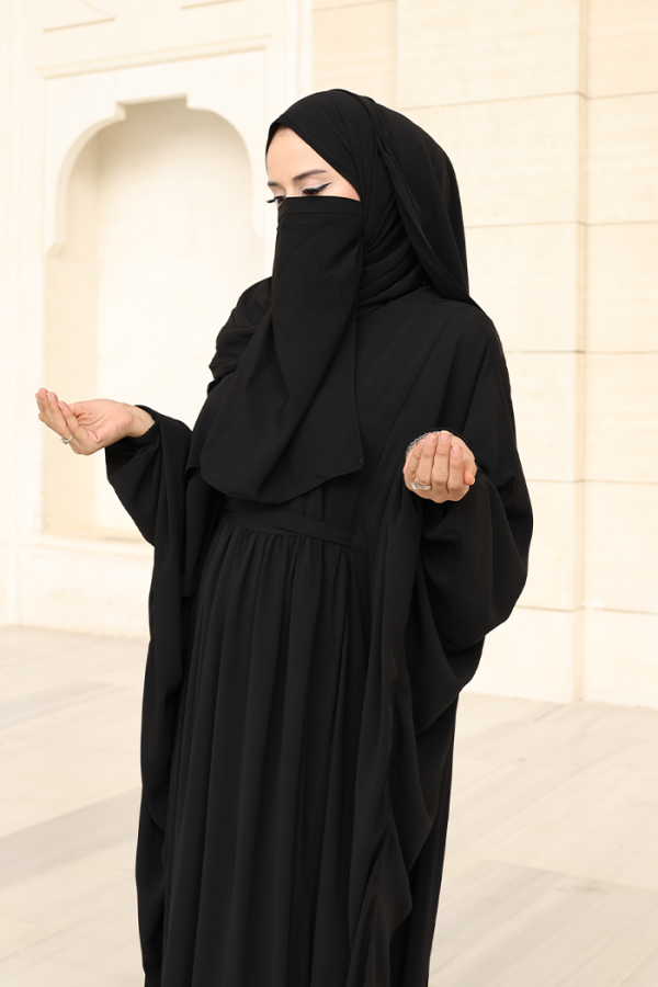 Umre Yarasakol Belden Kuşaklı Peçeli, Şallı Elbise 6038 Siyah - 5