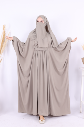 Yarasakol Belden Kuşaklı Peçeli, Şallı Elbise 6038 Vizon - Bym Fashion