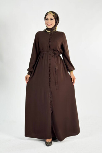 Birit Detaylı Düğmeli Ferace 6043 Kahverengi - Bym Fashion