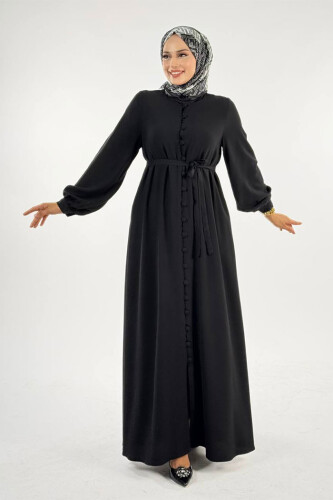 Birit Detaylı Düğmeli Ferace 6043 Siyah - Bym Fashion