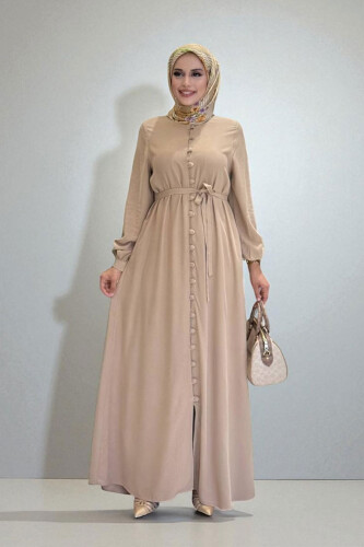 Birit Detaylı Düğmeli Ferace 6043 Vizon - Bym Fashion