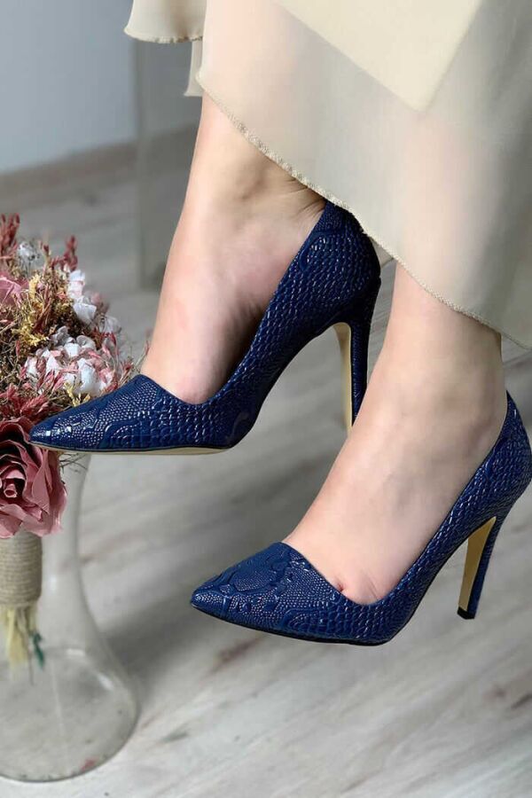 6536 Kabartma Desenli Stiletto Lacivert - 3