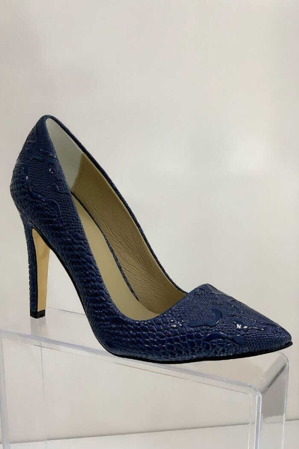 6536 Kabartma Desenli Stiletto Lacivert - 5