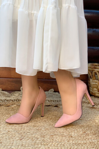 6538 Süet Stiletto Pudra - Bym Fashion