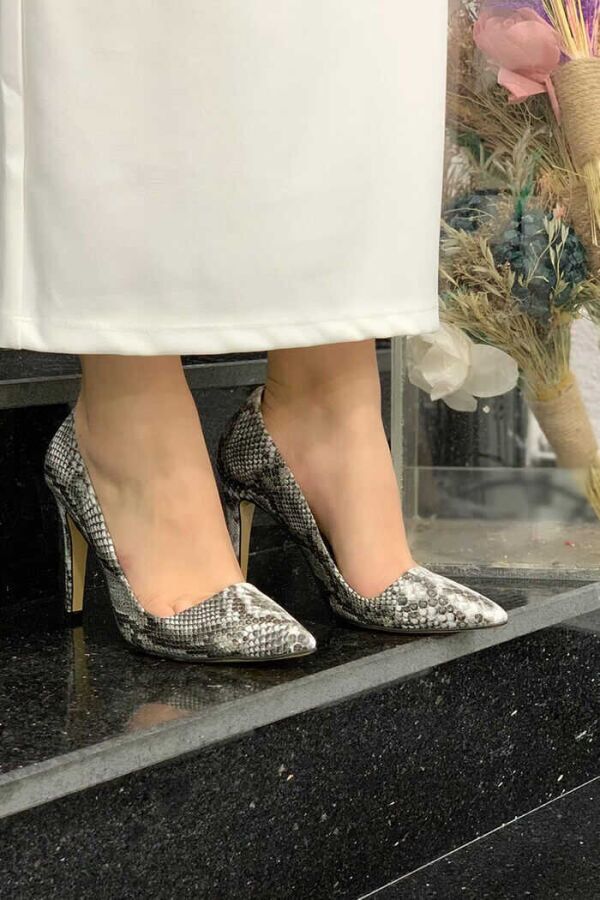 6540 Desenli Deri Stiletto Gri - 3