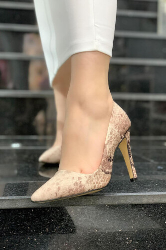6540 Desenli Deri Stiletto Vizon - 4