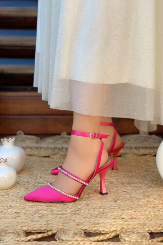 6546 Saten Taşlı Ayakkabı Fuşya - Bym Fashion