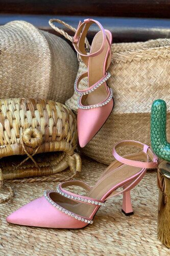 6546 Saten Taşlı Ayakkabı Pudra - 3