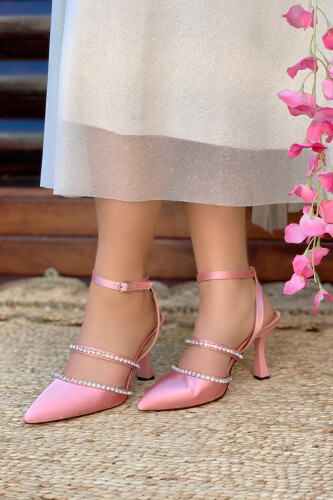 6546 Saten Taşlı Ayakkabı Pudra - Bym Fashion