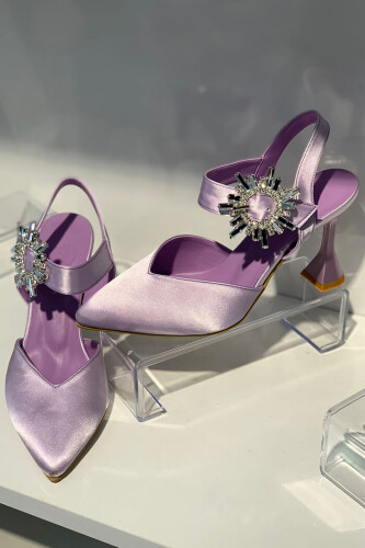 6547 Saten Topuklu Ayakkabı Lila - Bym Fashion