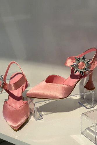 6547 Saten Topuklu Ayakkabı Pudra - Bym Fashion