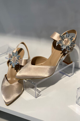 6547 Saten Topuklu Ayakkabı Taş - Bym Fashion