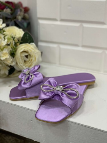 6557 Saten Taşlı Terlik Lila - Bym Fashion