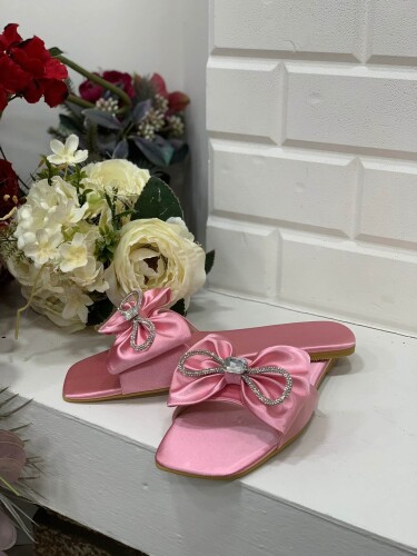 6557 Saten Taşlı Terlik Pudra - Bym Fashion