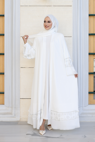 Taş Detaylı Şal ve Abaya İkili Takım 70001 Ekru - 2