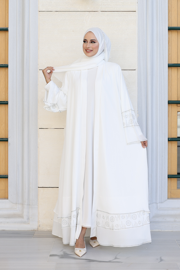 Taş Detaylı Şal ve Abaya İkili Takım 70001 Ekru - 2