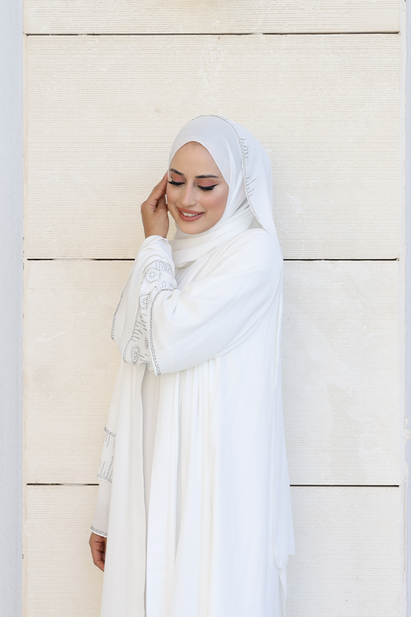 Taş Detaylı Şal ve Abaya İkili Takım 70001 Ekru - 5