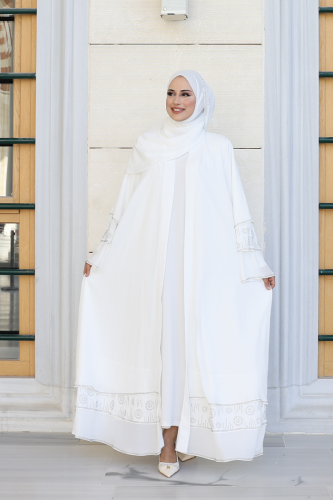 Taş Detaylı Şal ve Abaya İkili Takım 70001 Ekru - Bym Fashion