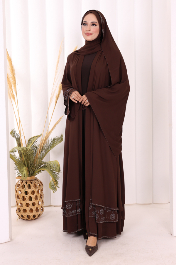 Taş Detaylı Şal ve Abaya İkili Takım 70001 Kahverengi - 2