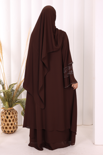 Taş Detaylı Şal ve Abaya İkili Takım 70001 Kahverengi - 4
