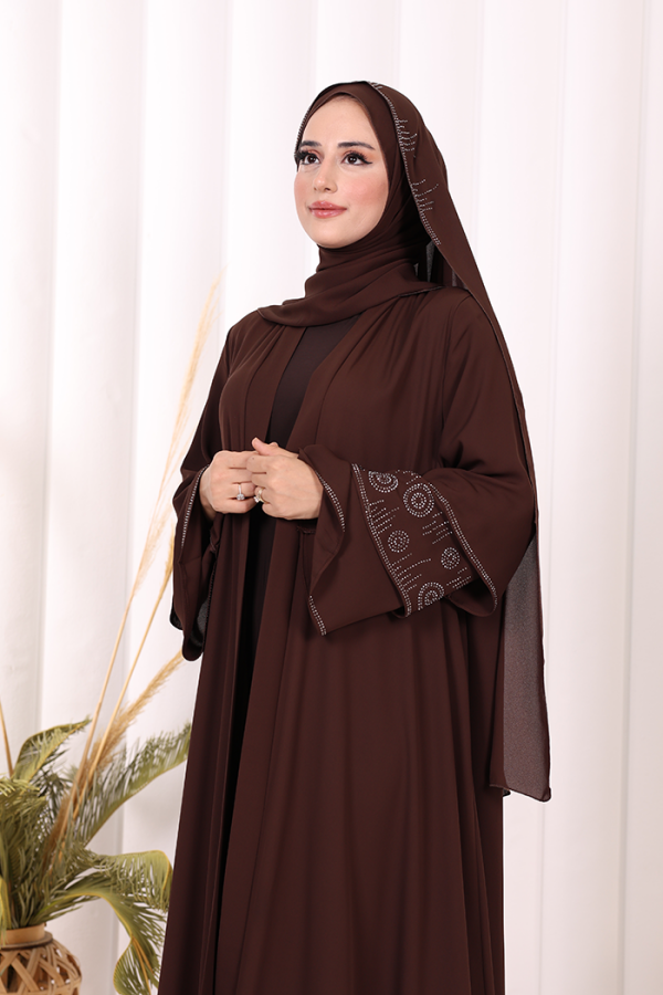 Taş Detaylı Şal ve Abaya İkili Takım 70001 Kahverengi - 5