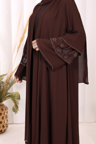 Taş Detaylı Şal ve Abaya İkili Takım 70001 Kahverengi - 6