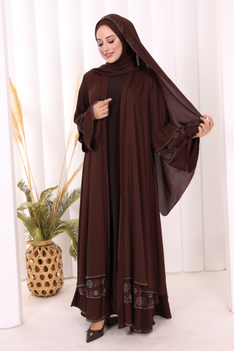 Taş Detaylı  Abaya ŞAL HEDİYE   70001 Kahverengi - 2