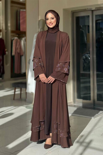 Taş Detaylı Şal ve Abaya İkili Takım 70001 Kahverengi - Bym Fashion