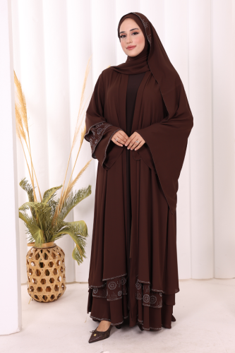 Taş Detaylı Şal ve Abaya İkili Takım 70001 Kahverengi - Bym Fashion