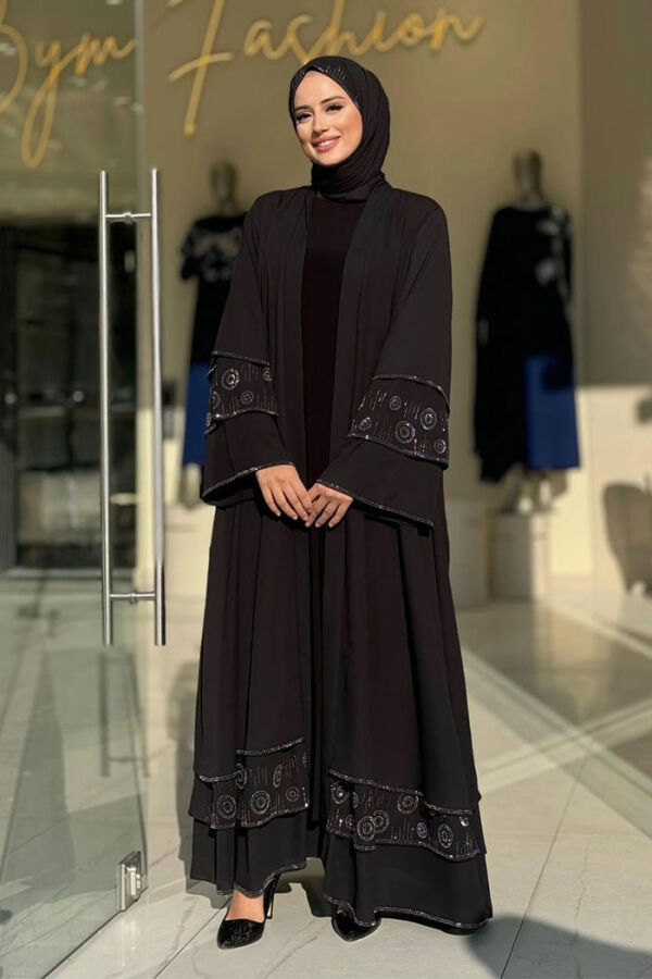 Taş Detaylı Şal ve Abaya İkili Takım 70001 Siyah - 1