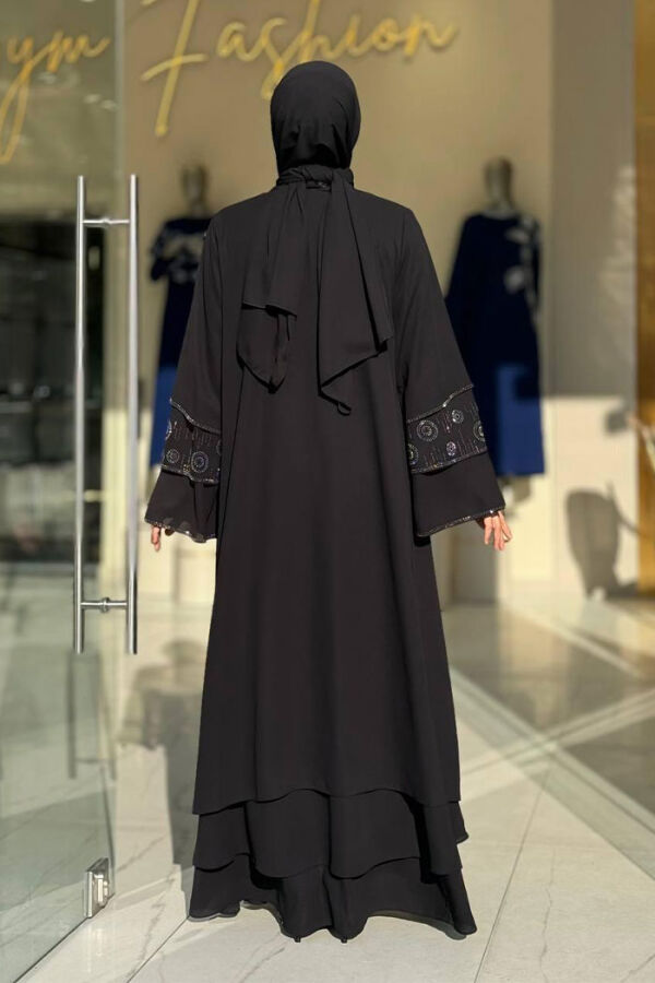 Taş Detaylı Şal ve Abaya İkili Takım 70001 Siyah - 2