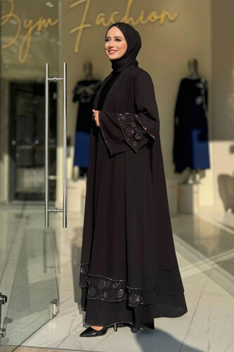 Taş Detaylı Şal ve Abaya İkili Takım 70001 Siyah - 3